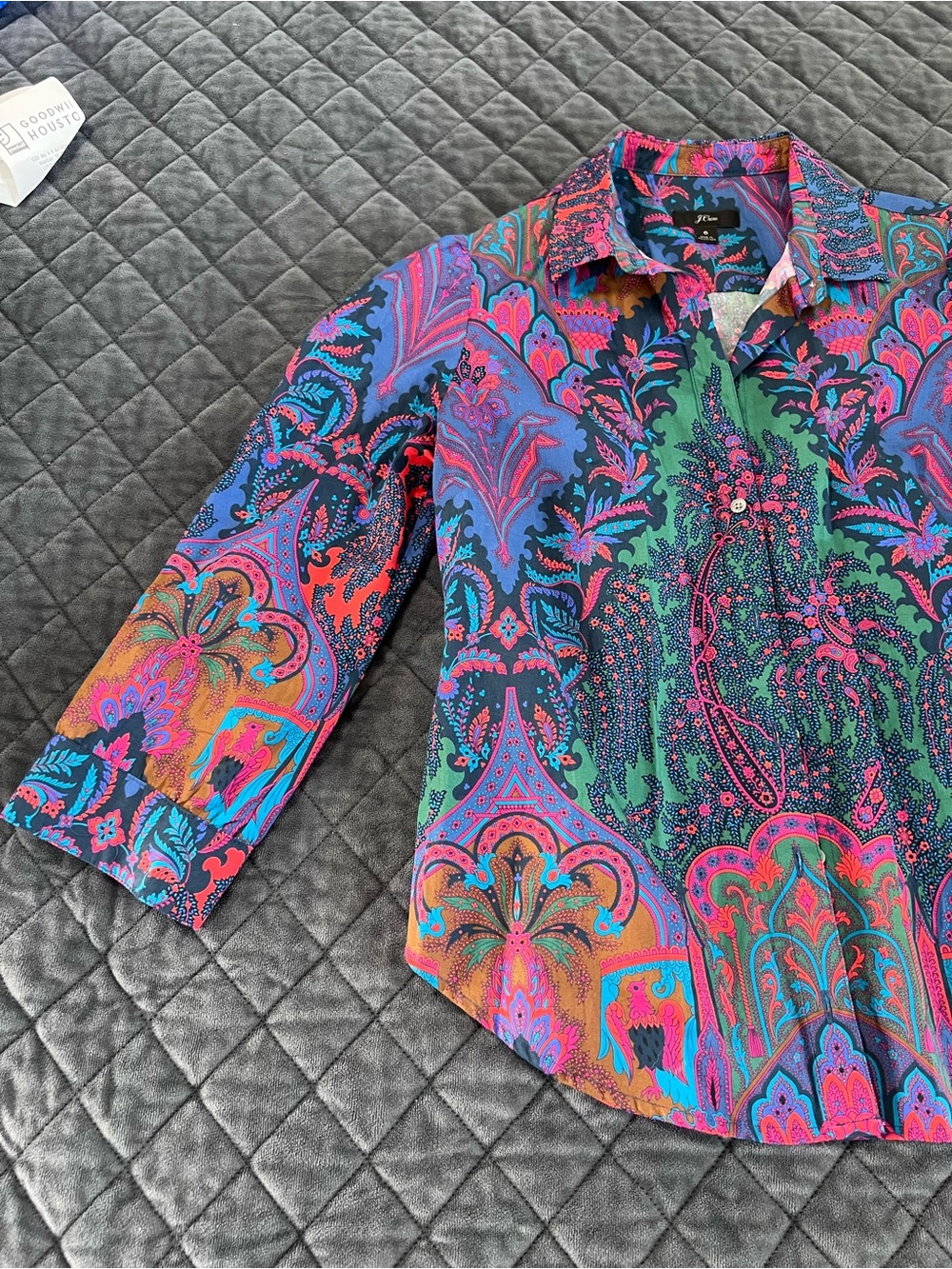 J. Crew Ratti Paisley Top Women’s Size 6 Poplin Puff Shoulder Shirt Blouse V - Picture 3 of 8